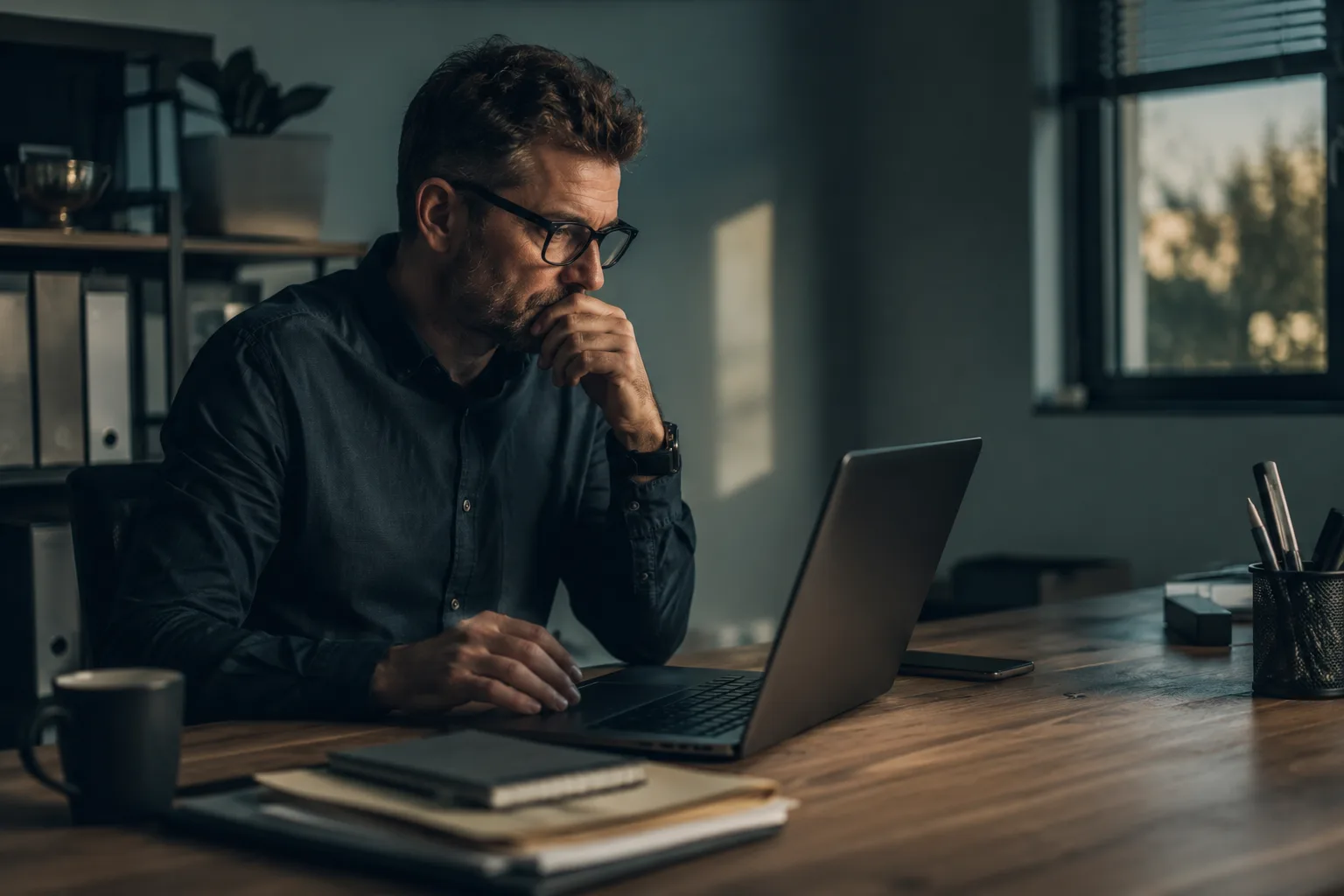 A business owner at his own desk, working on a laptop in a quiet office.