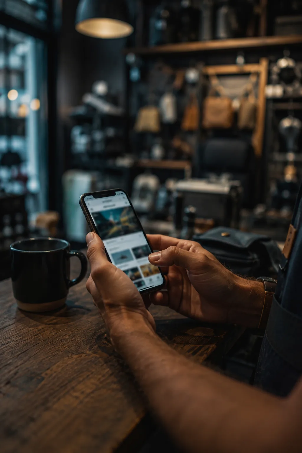 A shop owner holding a phone at a dark wooden counter, workshop goods behind.