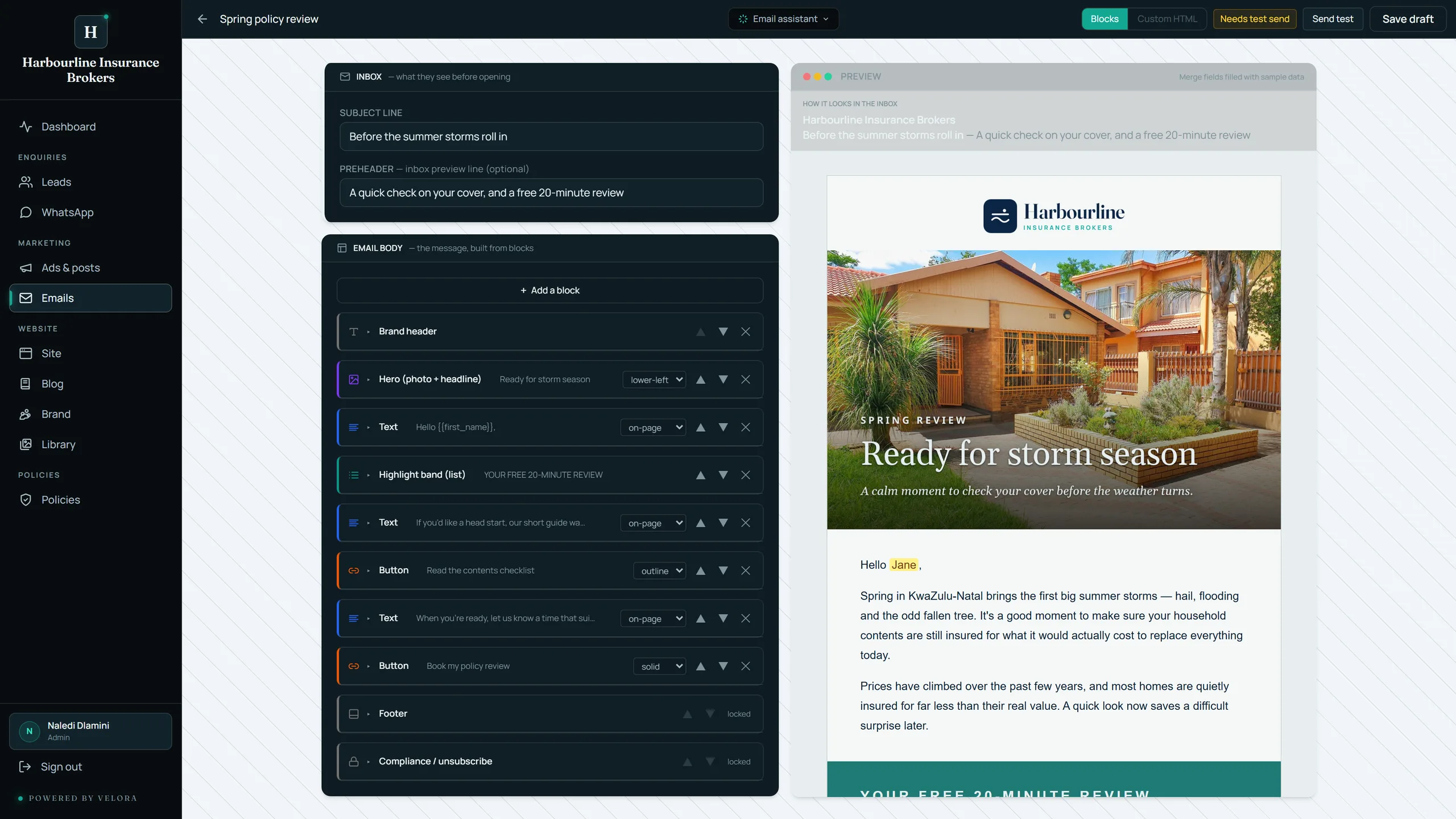 The Velora email composer: the email built from blocks on the left, the branded email previewing on the right.