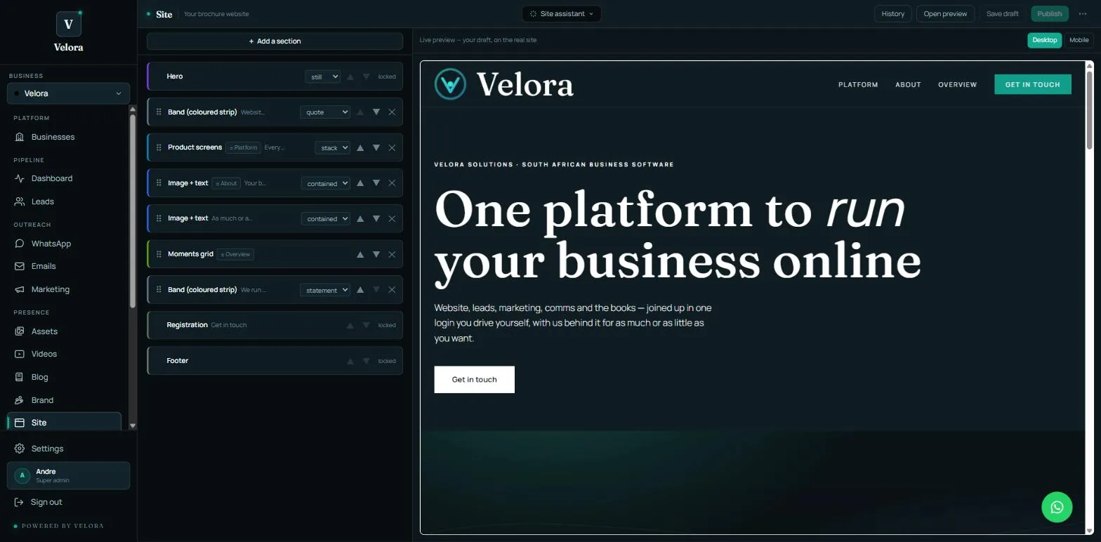 The Velora dashboard: the menu down the left, the page sections in the middle, and the business's own website rendering live beside them.