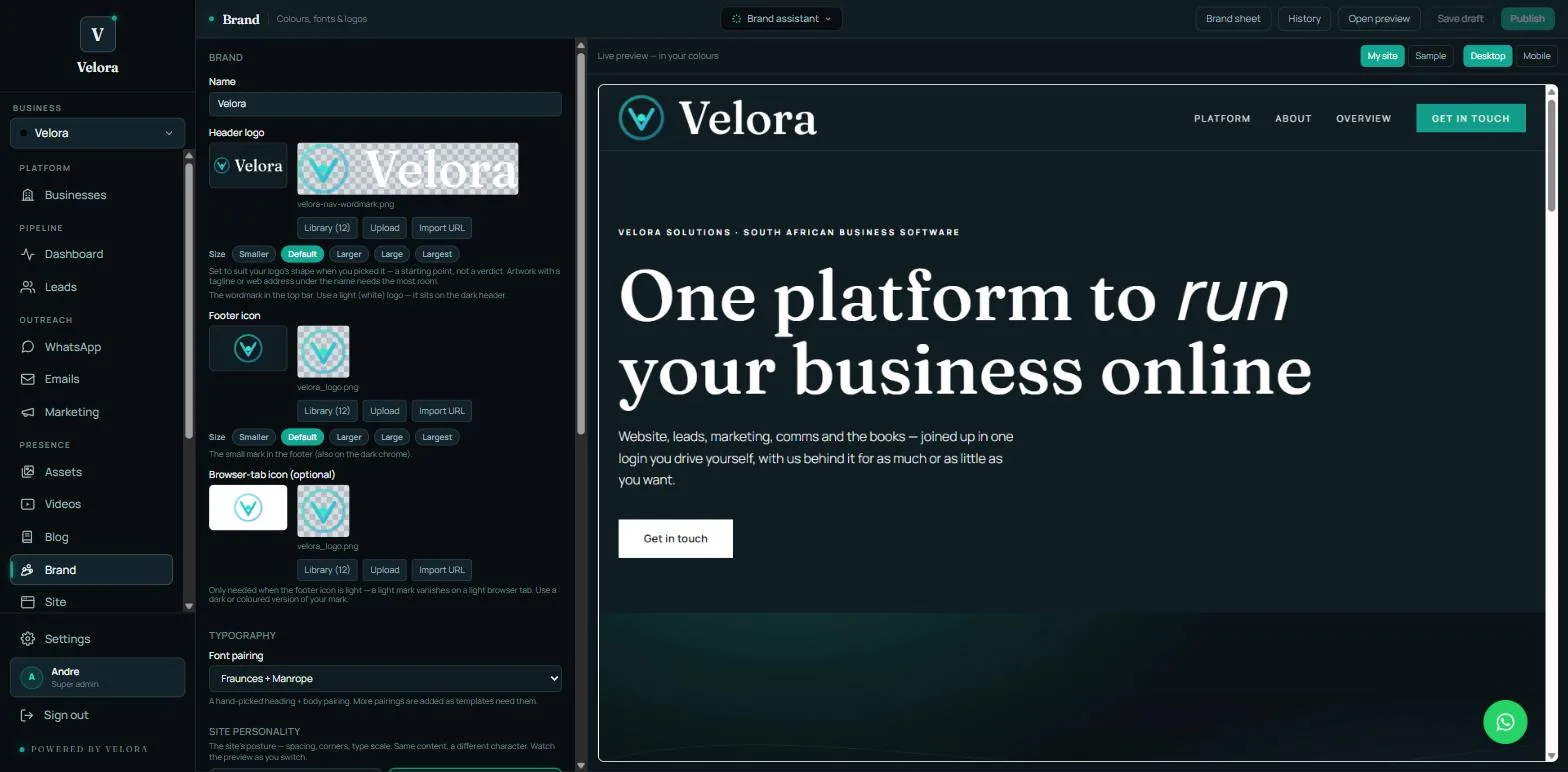 Velora Brand editor: logo, colours and fonts with a live preview.