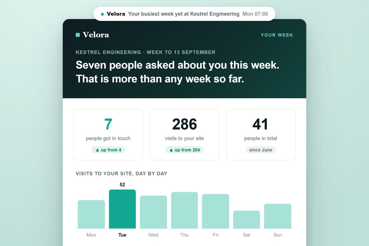 An example weekly email: seven people got in touch, 286 visits to the website, and a chart of visits for each day of the week