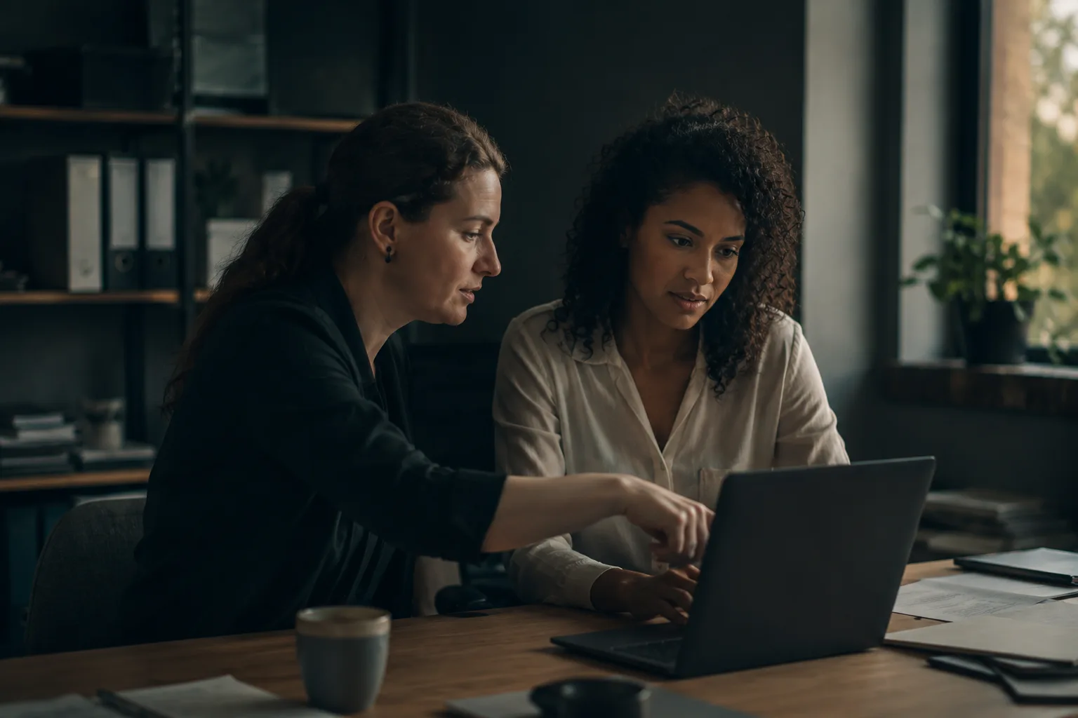 Two colleagues at one laptop, one leaning in to point something out to the other.