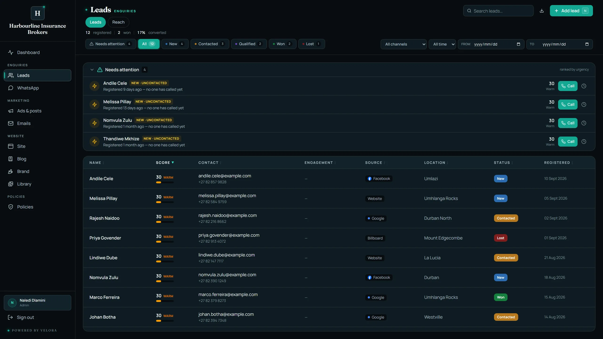 The Velora leads screen: enquiries needing a call first, then the full list with scores, sources and status.