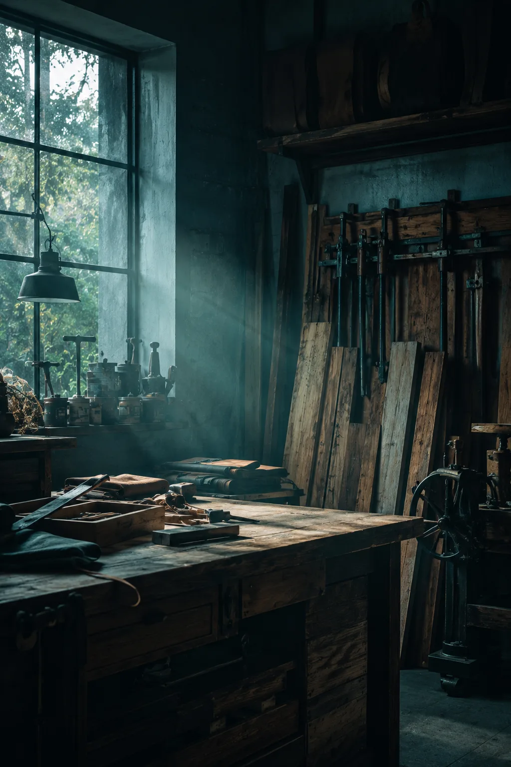 A quiet artisan workshop in early-morning light, workbench, timber and tools.