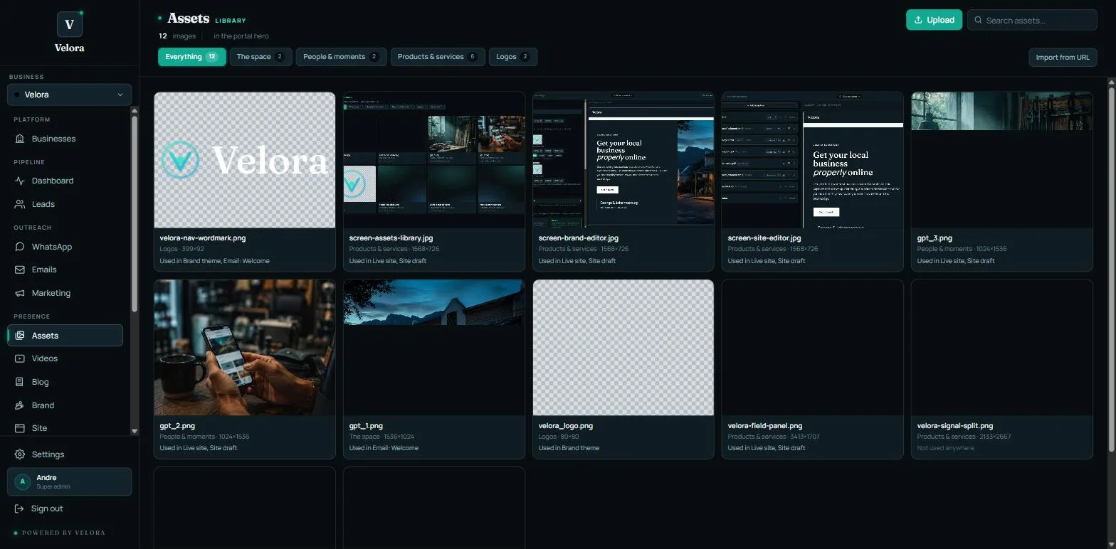 Velora Asset library: photos and artwork organised and described.
