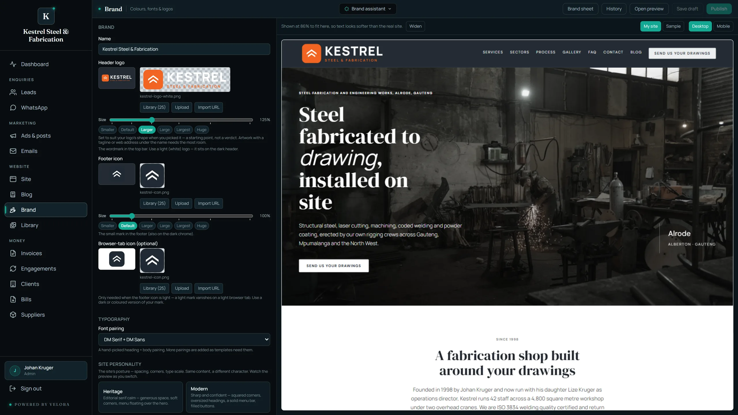 The Velora brand editor, shown on a demo steel fabricator: logos, typefaces and site personality on the left, the live website beside them.