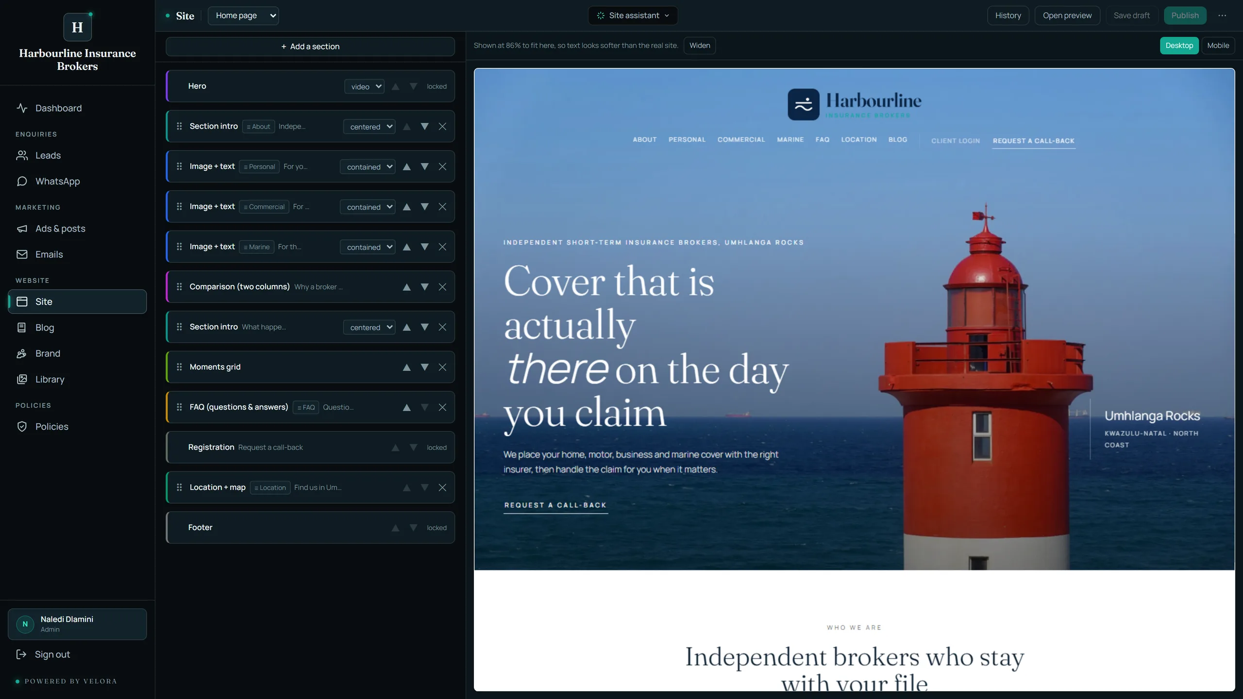 The Velora site editor, shown on a demo insurance brokerage: the menu down the left, the page sections in the middle, and the business's own website rendering live beside them.