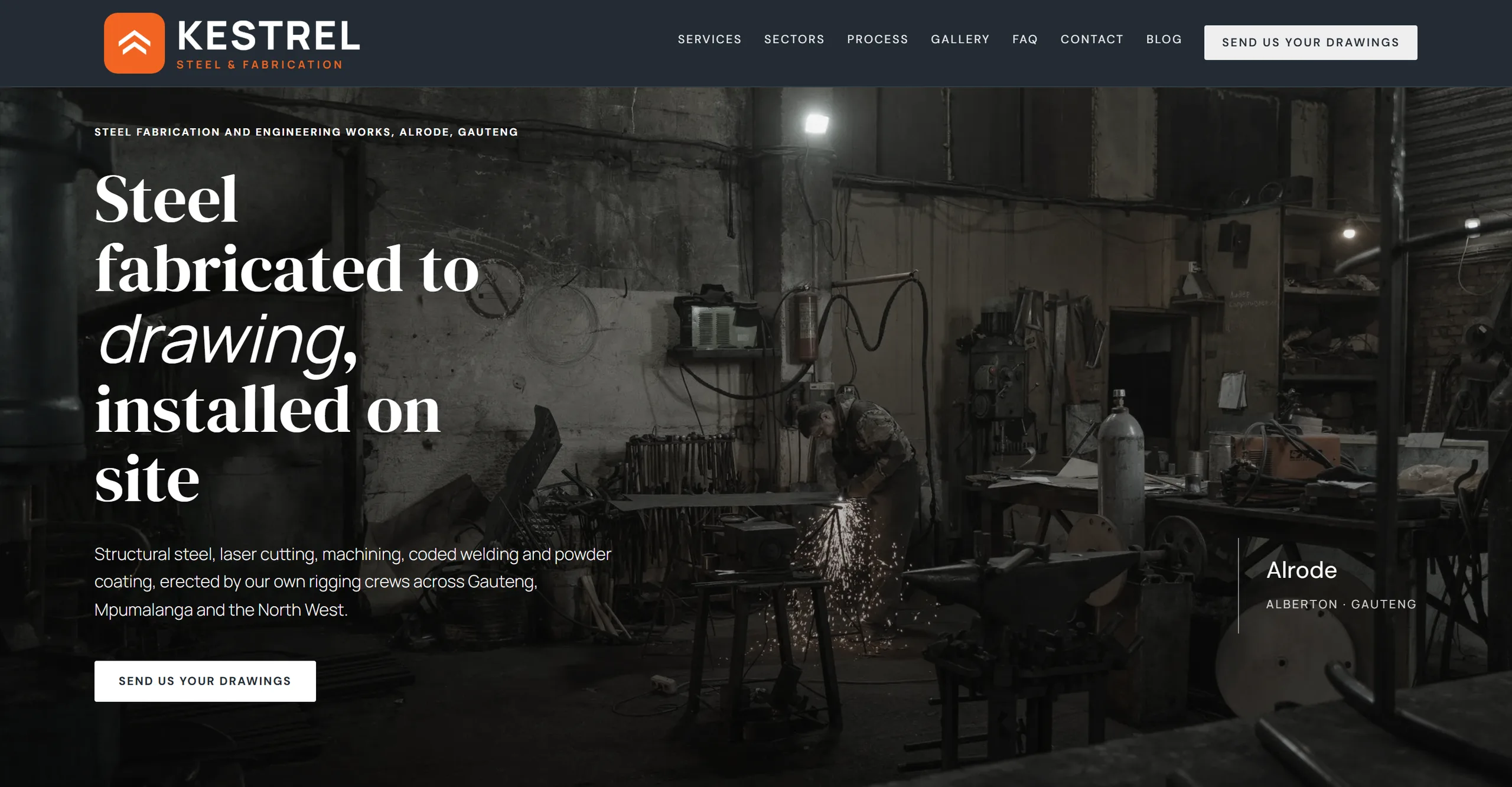 An example website made with Velora: Kestrel Steel & Fabrication, shown in a browser.